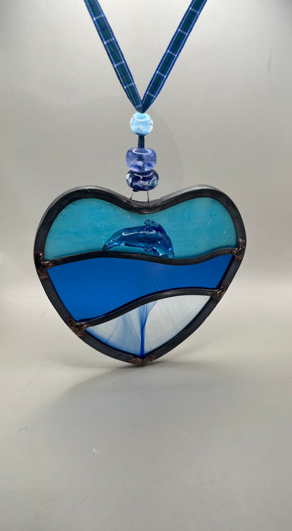 Dancing dolphins glass heart