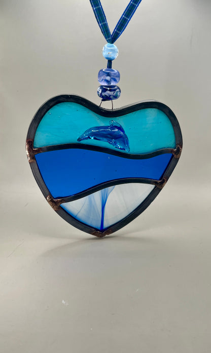 Dancing dolphins glass heart